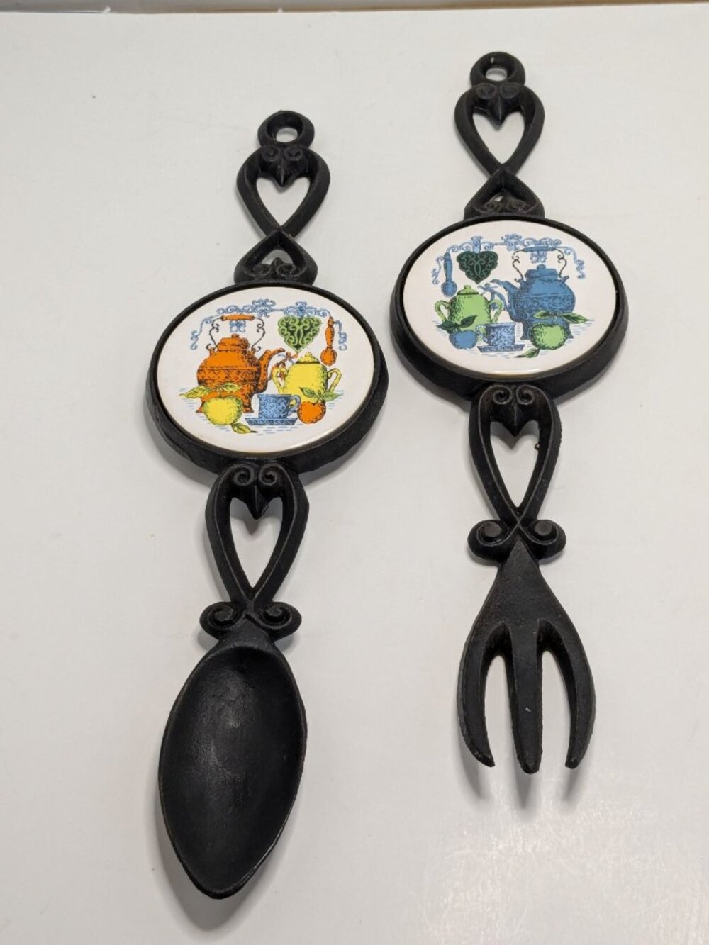 Vintage Cast Iron Fork & Spoon With Round Ceramic Tile Wall Decor Set  MCM